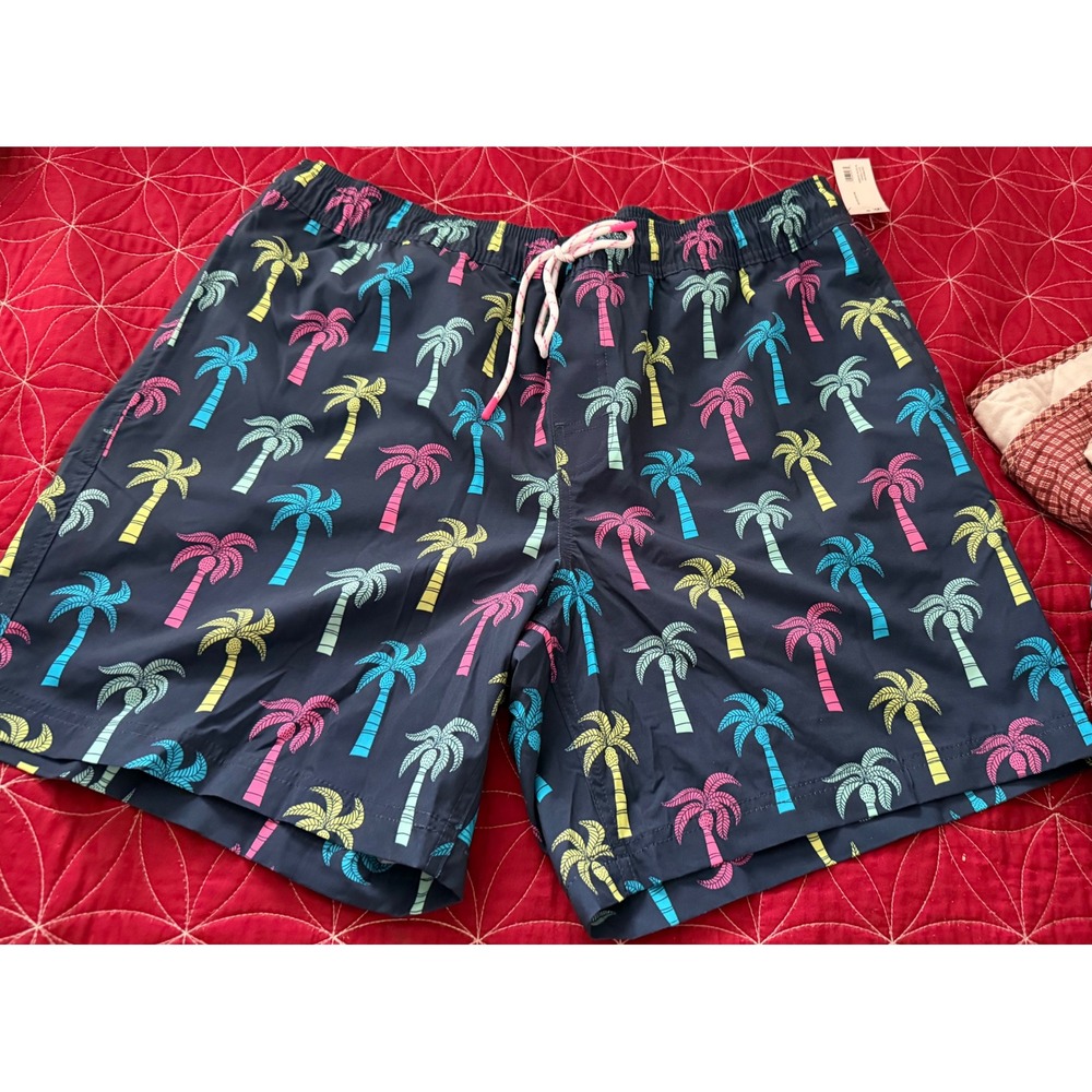 Member's Mark Mens Resort Swim Trunks XL Navy Neon Palm Tree Board Shorts NWT